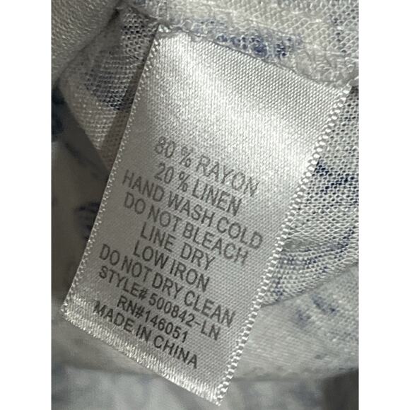 Monteau Linen Blend Faux Wrap Dress Small White Blue Floral Flutter Sleeve Tie - Picture 11 of 12